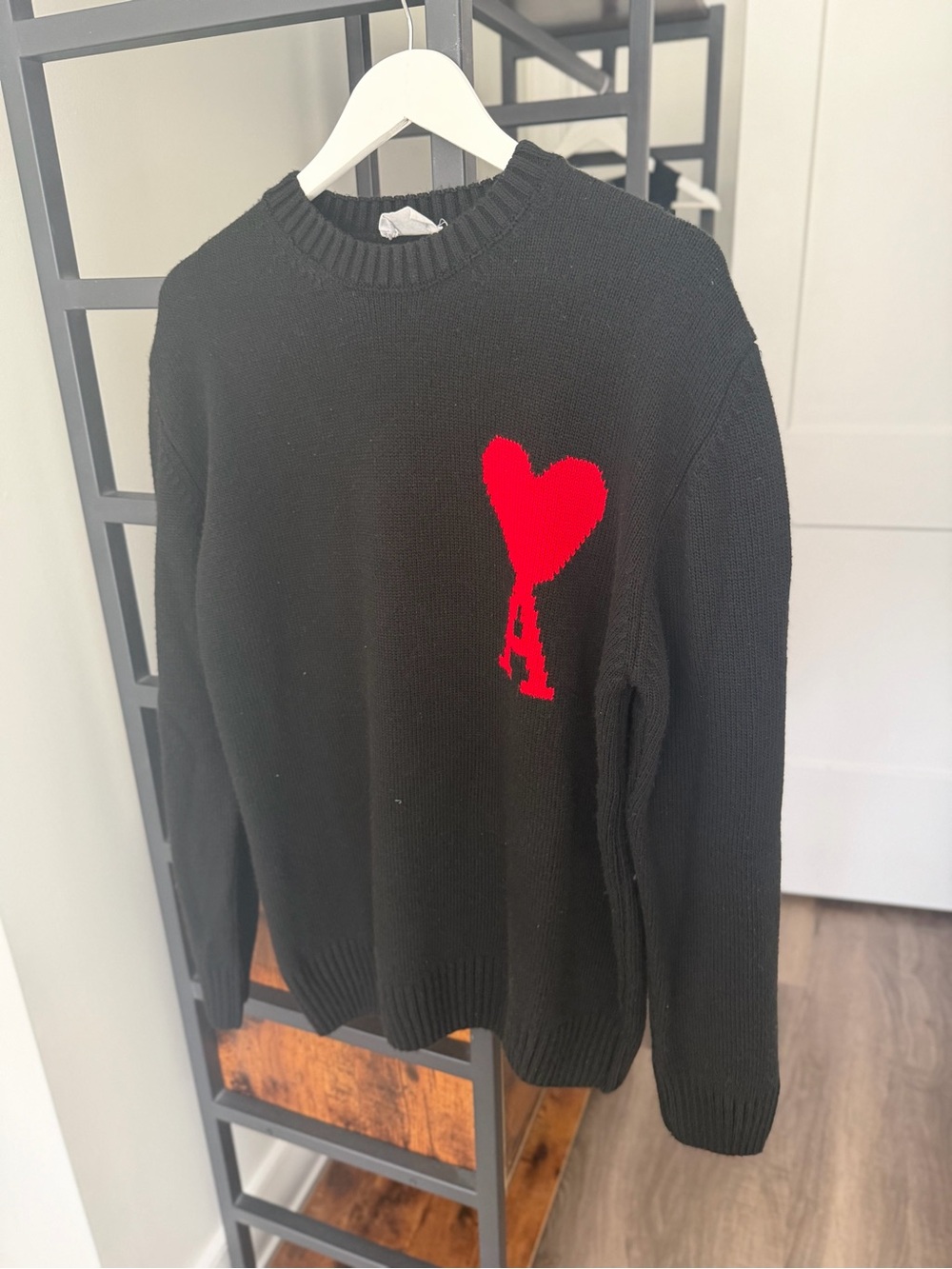 Ami Black Sweater with Red Heart A Motif